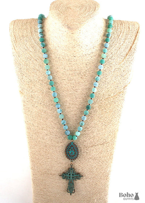 Boho Necklace, RH Precious Blue Lava Stone, Cross